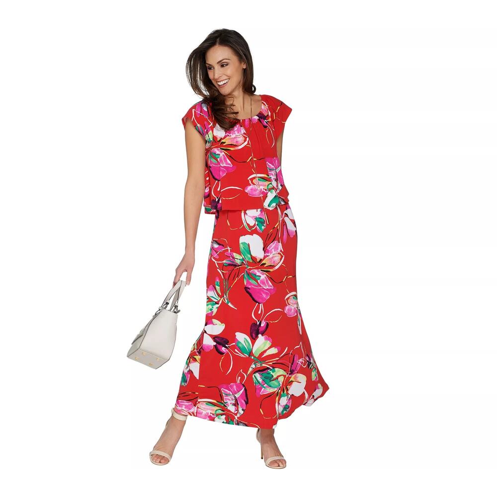 Susan Graver Liquid Knit Floral Maxi Dress Red Sz S Overlay Flowy Wedding Guest